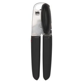Black Manual Can Opener with Soft Grip Handle, Stainless Steel Blade, Freestanding Design, Hand Wash Only